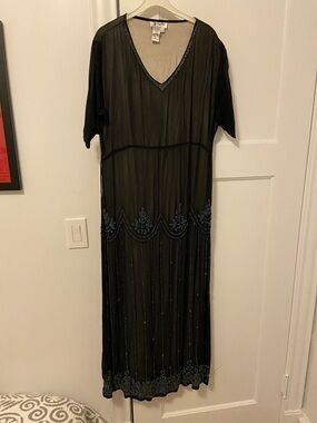Papillon Blanc Black Maxi Dress with Blue Bead Embroidery